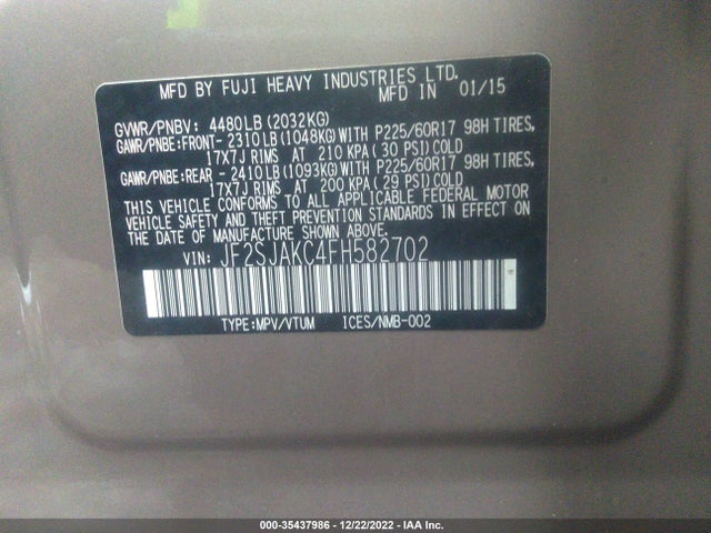 2015 Subaru Forester, VIN: JF2SJAKC4FH582702