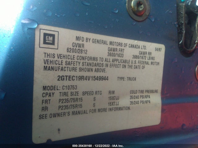 1997 GMC SIERRA 1500 VIN: 2GTEC19R4V1549944