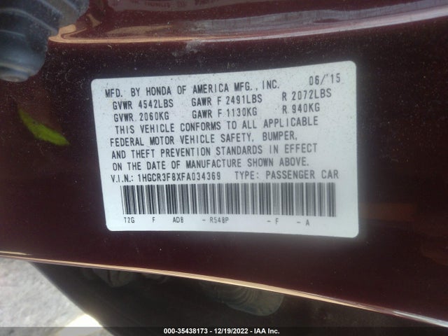 2015 HONDA ACCORD SEDAN EX-L VIN: 1HGCR3F8XFA034369