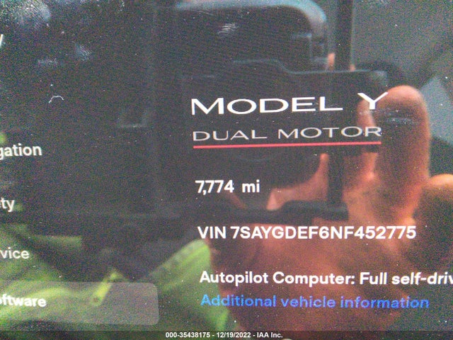 2022 TESLA MODEL Y PERFORMANCE VIN: 7SAYGDEF6NF452775