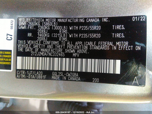 2022 Lexus RX, VIN: 2T2JZMDA7NC332465