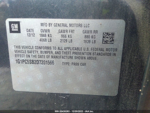 2013 CHEVROLET CRUZE 1LT VIN: 1G1PC5SB2D7201566