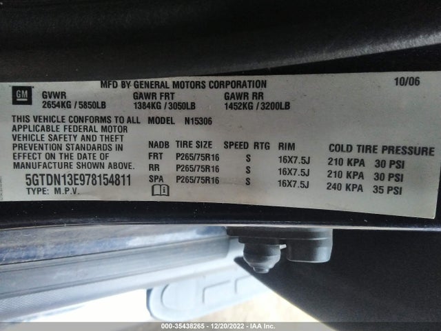 2007 HUMMER H3 SUV VIN: 5GTDN13E978154811