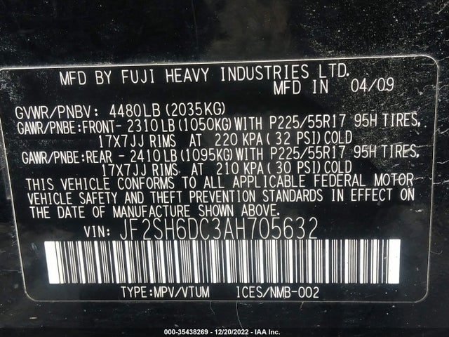 2010 SUBARU FORESTER 2.5X LIMITED VIN: JF2SH6DC3AH705632