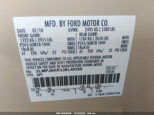2018 Lincoln MKX, VIN: 2LMPJ6KR3JBL49308