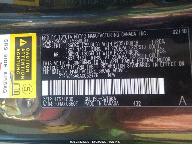 2T2BK1BA8AC052476 Lexus RX 350