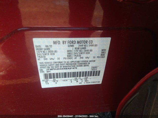 2022 FORD EDGE TITANIUM VIN: 2FMPK4K9XNBA91470