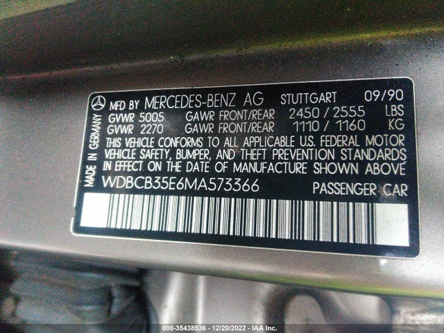 1991 MERCEDES-BENZ 350 SDL VIN: WDBCB35E6MA573366