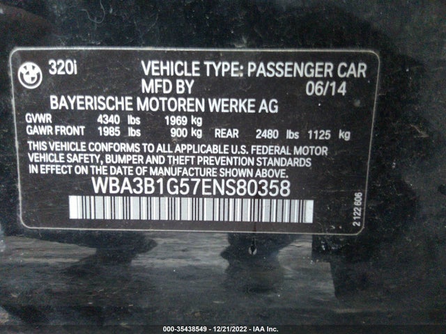 BMW 3 Series 320i 2014 WBA3B1G57ENS80358 Image 9