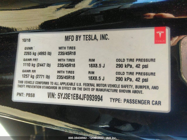 Tesla MODEL 3 2018 5YJ3E1EB4JF093994 Image 10