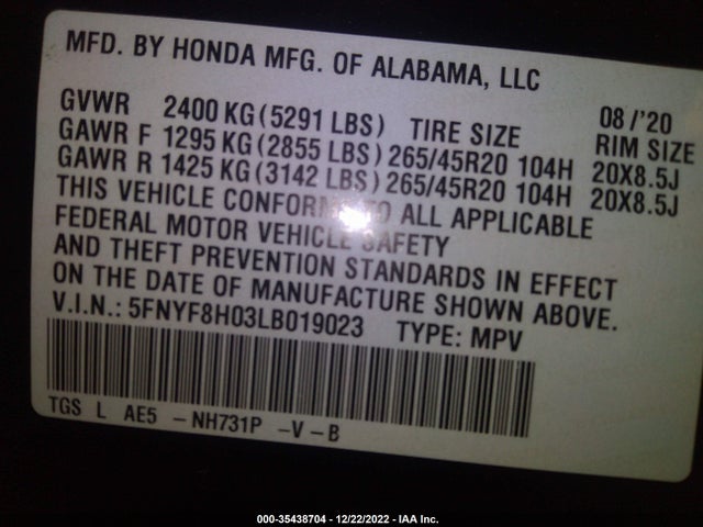 Honda Passport Elite 2020 5FNYF8H03LB019023 Image 9
