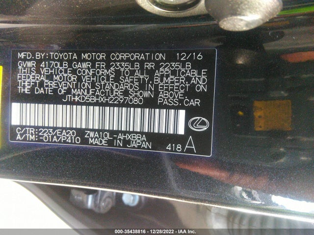 JTHKD5BHXH2297080 Lexus Ct Ct 200h
