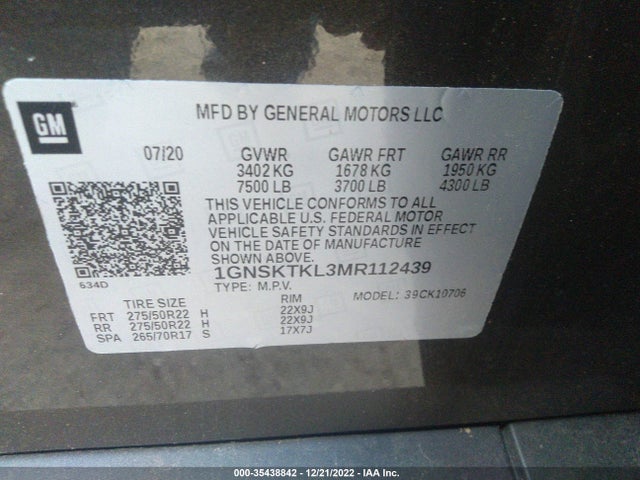2021 Chevrolet Tahoe, VIN: 1GNSKTKL3MR112439