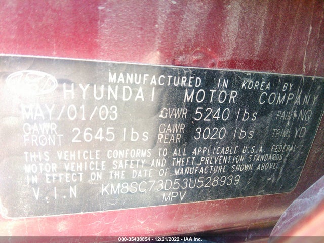 2003 HYUNDAI SANTA FE GLS/LX VIN: KM8SC73D53U528939