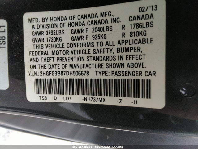 2013 HONDA CIVIC CPE EX VIN: 2HGFG3B87DH506678