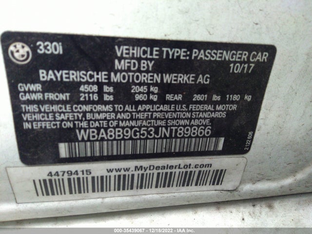 2018 Bmw 3 Series 330i მანქანა იყიდება აუქციონზე, vin: WBA8B9G53JNT89866, აუქციონის ნომერი: 35439067