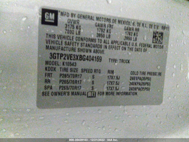 2011 GMC SIERRA 1500 SLE VIN: 3GTP2VE3XBG404169
