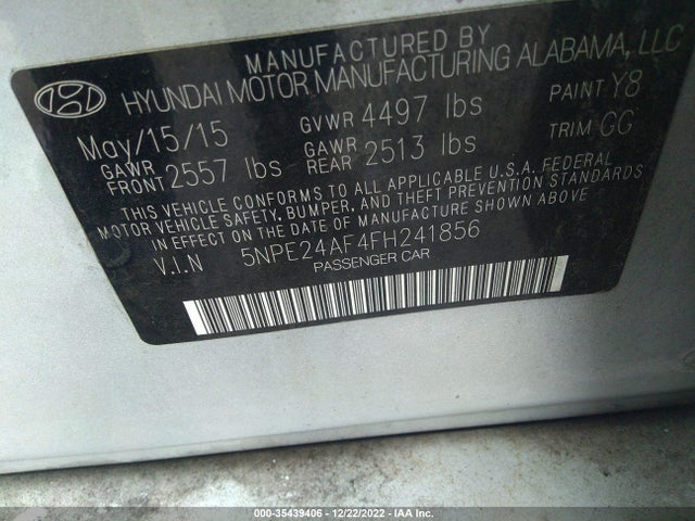 2015 HYUNDAI SONATA 2.4L SE VIN: 5NPE24AF4FH241856