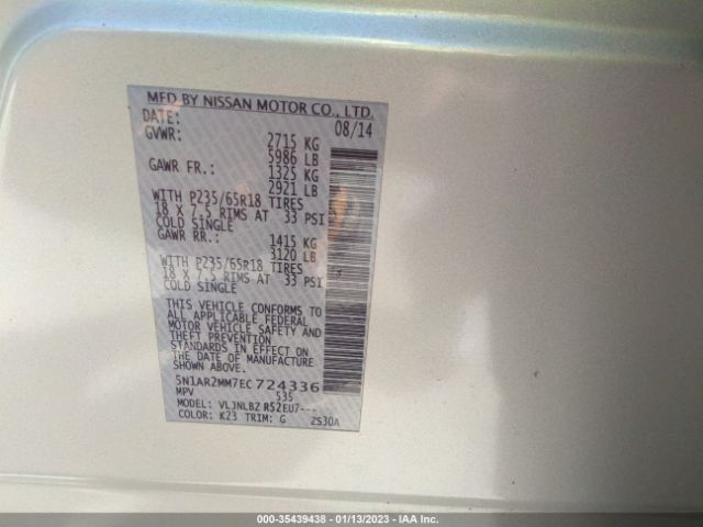 5N1AR2MM7EC724336 Nissan Pathfinder S