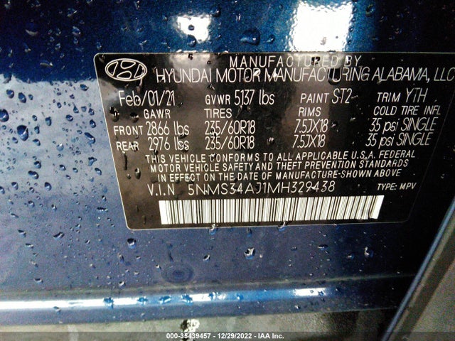 2021 Hyundai Santa Fe, VIN: 5NMS34AJ1MH329438