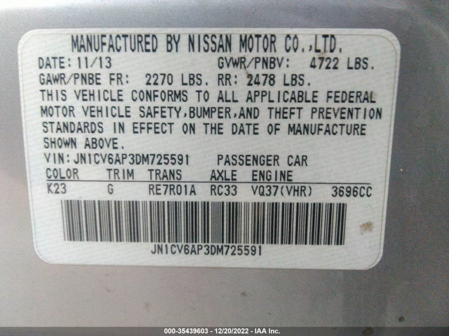 2013 INFINITI G37 SEDAN JOURNEY VIN: JN1CV6AP3DM725591