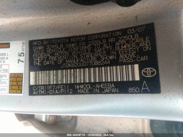 2007 TOYOTA PRIUS VIN: JTDKB20U077088244