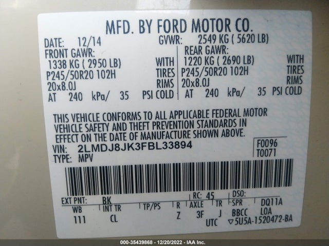 2015 Lincoln MKX, VIN: 2LMDJ8JK3FBL33894