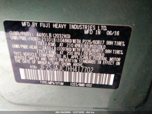 2017 SUBARU FORESTER LIMITED VIN: JF2SJAJC7HH417702