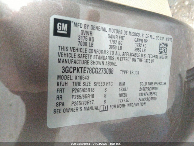 2012 CHEVROLET SILVERADO 1500 LTZ VIN: 3GCPKTE78CG273008