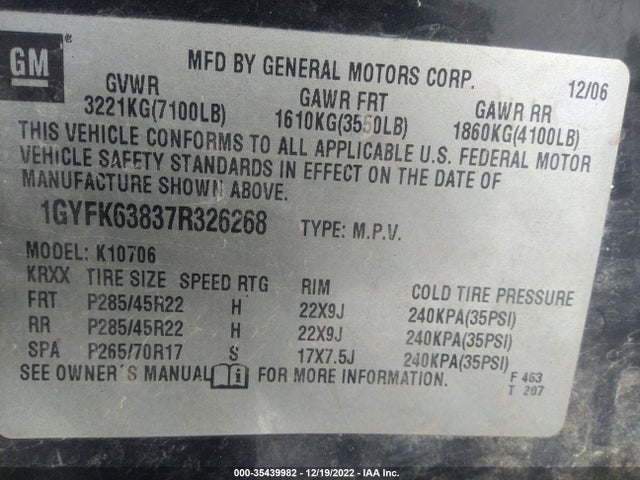 2007 CADILLAC ESCALADE VIN: 1GYFK63837R326268