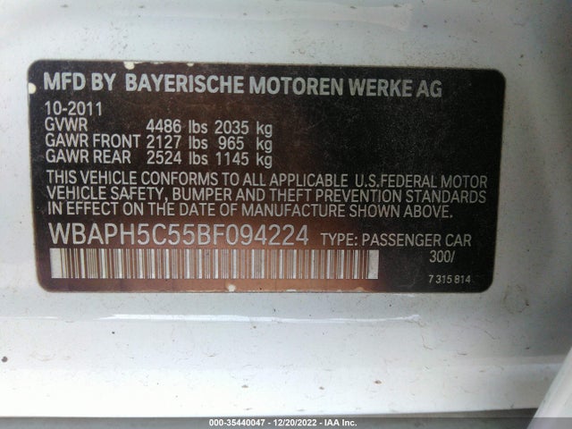 2011 BMW 3 SERIES 328I VIN: WBAPH5C55BF094224