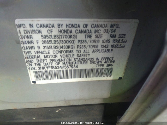 2004 HONDA PILOT EX VIN: 2HKYF18534H567934