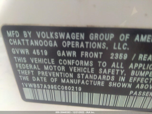 2014 VOLKSWAGEN PASSAT SE W/SUNROOF VIN: 1VWBS7A39EC060219