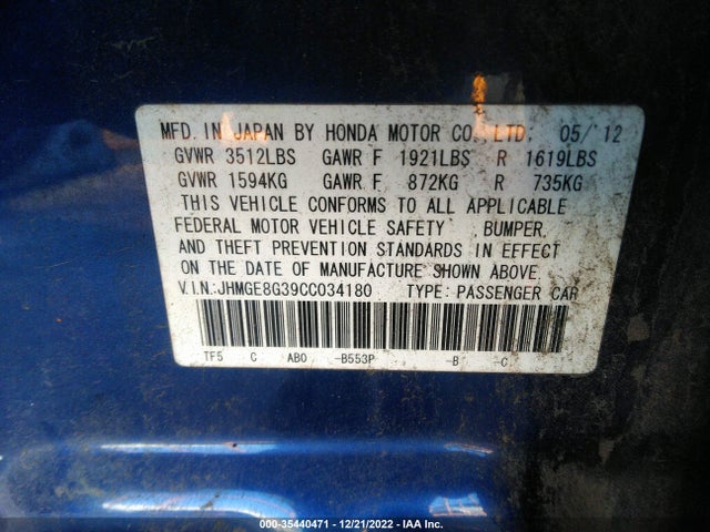 2012 HONDA FIT VIN: JHMGE8G39CC034180