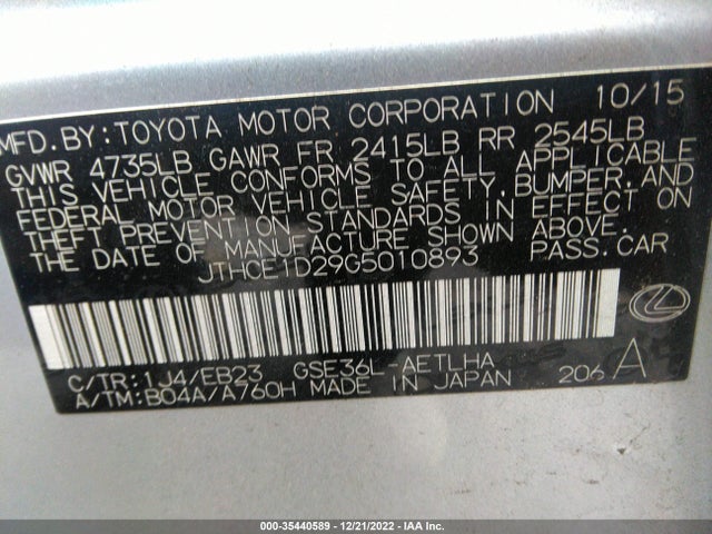 Lexus IS 350 2016 JTHCE1D29G5010893 Image 11