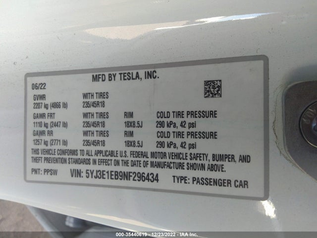 Tesla Model 3 Long Range 2022 5YJ3E1EB9NF296434 Image 9