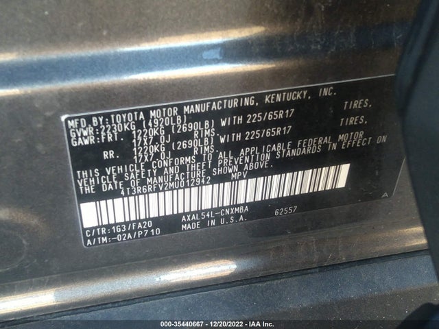 2021 TOYOTA RAV4 HYBRID VIN: 4T3R6RFV2MU012942