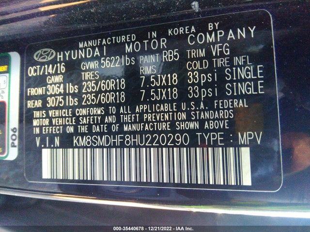 2017 HYUNDAI SANTA FE SE VIN: KM8SMDHF8HU220290