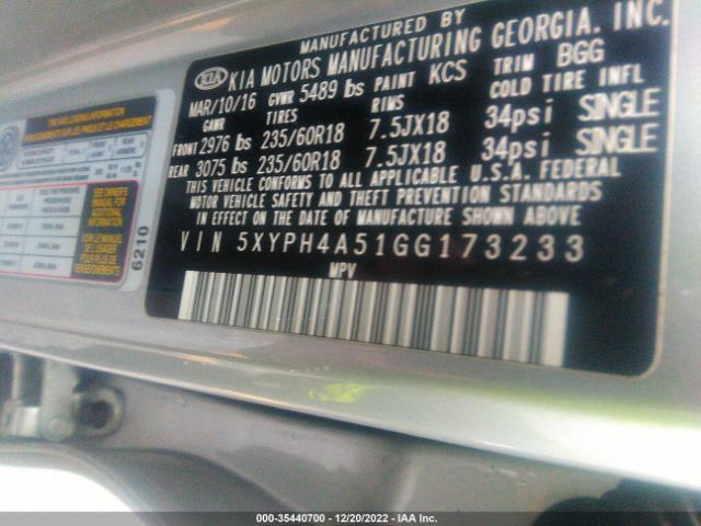 5XYPH4A51GG173233 KIA SORENTO EX