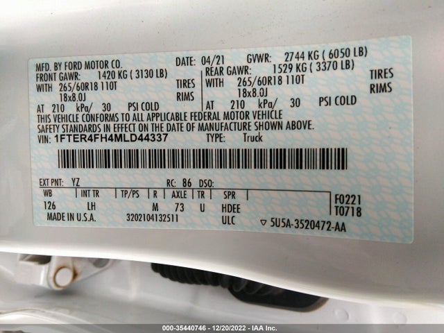 2021 Ford Ranger, VIN: 1FTER4FH4MLD44337