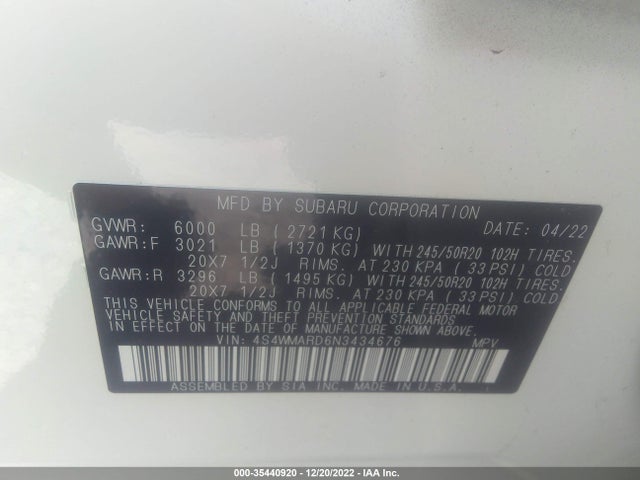 2022 Subaru Ascent, VIN: 4S4WMARD6N3434676