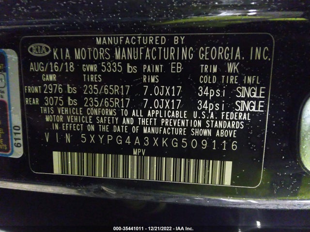2019 Kia Sorento, VIN: 5XYPG4A3XKG509116
