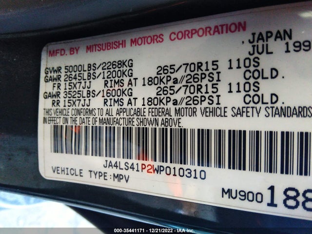 1998 MITSUBISHI MONTERO SPORT XLS VIN: JA4LS41P2WP010310