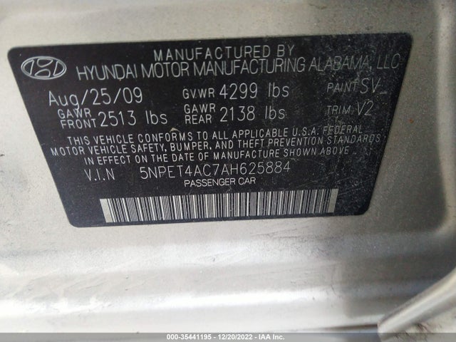 2010 HYUNDAI SONATA GLS VIN: 5NPET4AC7AH625884