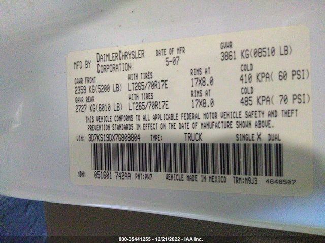 2007 DODGE RAM 1500 SLT VIN: 3D7KS19DX7G808804