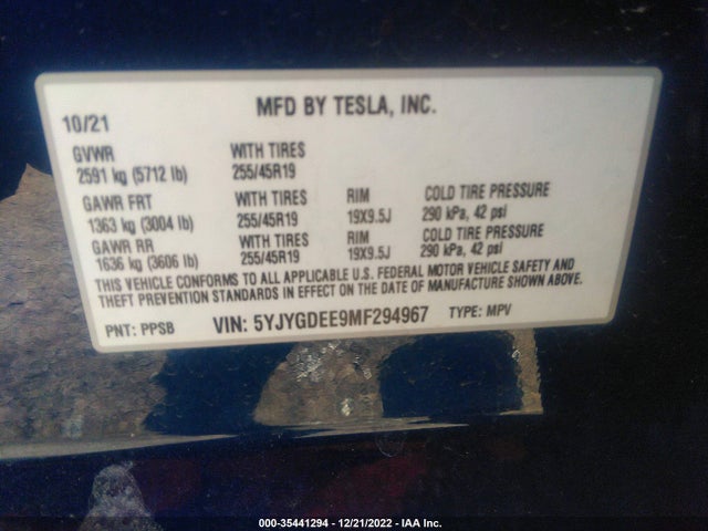 2021 Tesla Model Y, VIN: 5YJYGDEE9MF294967