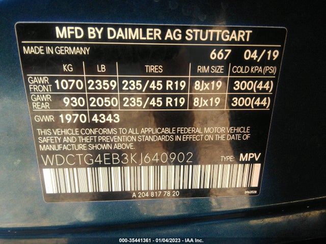 2019 Mercedes-Benz GLA-Class, VIN: WDCTG4EB3KJ640902