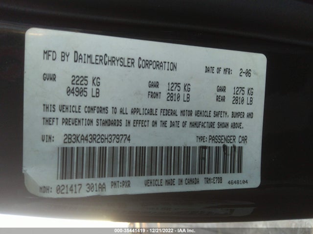 2006 DODGE CHARGER SE VIN: 2B3KA43R26H379774