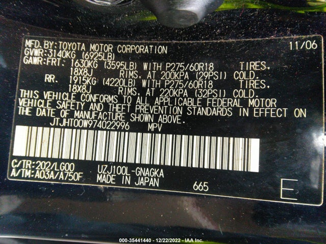 JTJHT00W974022996 Lexus LX 470
