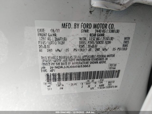 2011 FORD EDGE SEL VIN: 2FMDK3JC6BBB53663